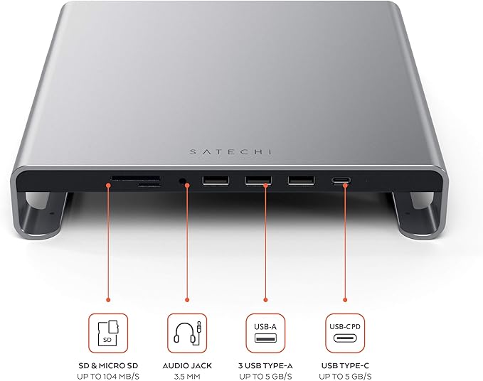 SATECHI Type-C Aluminum Monitor Stand Hub with USB-C Data USB 3.0 Micro/SD Card Slots &amp 3.5mm Headphone Jack - for Apple Studio Display iMac iMac Pro (Space Grey)
