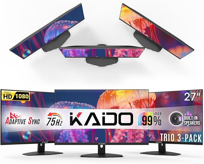 Kado Triple Monitor Setup - 3-Pack 27 1920x1080 Computer Monitor 75Hz VESA Mount HDMI Office Gaming Hybrid Built-in Speakers (E27 Trio Series)