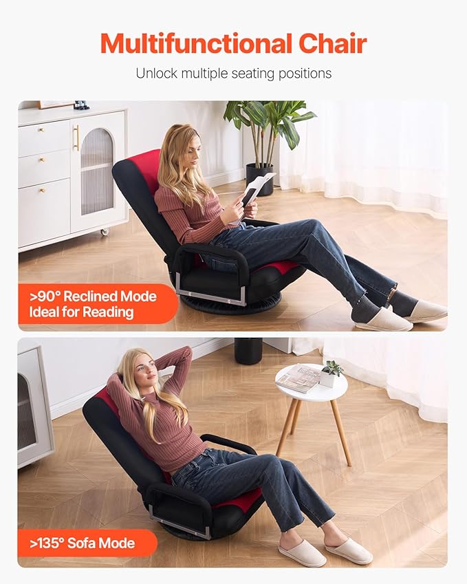 VEVOR Swivel Floor Gaming Chair with Armrests 360-Degree Rotating Floor Chair with 6 Adjustable Position Folding Backrest and Lumbar Support Folding Video Reclining Sofa for TV Reading Red Black