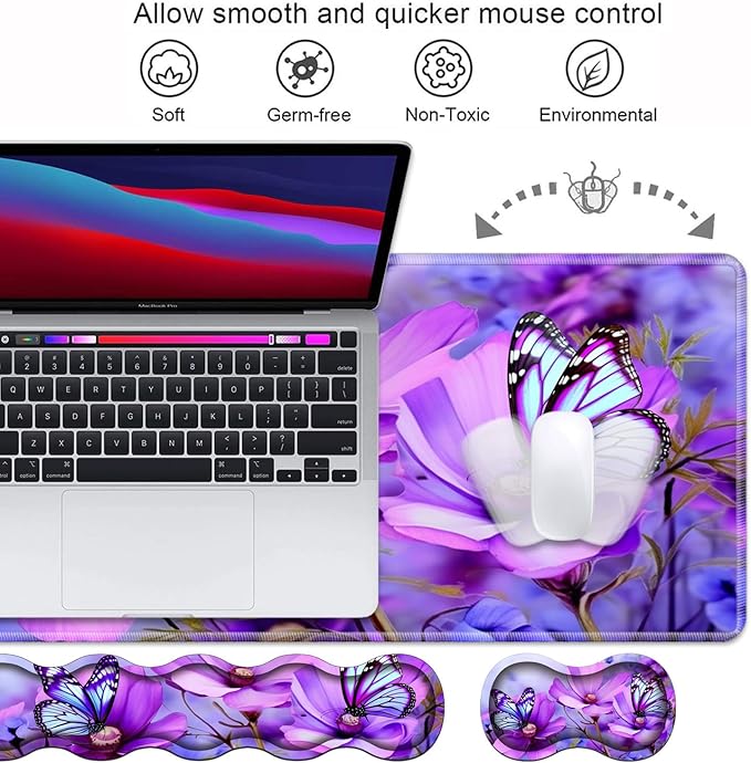 Ergonomic Keyboard Wrist Rest &amp Mouse Pad Wrist Rest Set Large XXL Gaming Desk Mat 31.5x 11.8 Non-Slip Base Memory Foam Easy Typing Pain Relief for Office &amp Home Purple Flowers and Butt