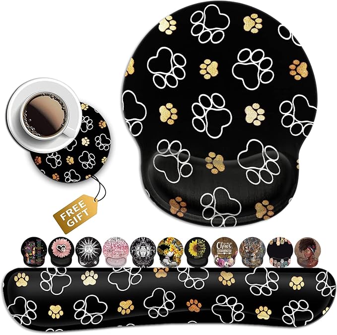 Ergonomic Mouse Pad with Wrist Support Gel Mouse Pad Non-Slip Laptop Computer Keyboard Mousepad for Office &amp Home Quality Memory Foam Keyboard Wrist Rest Dog Paw Prints Gold White Cute Cat Paws