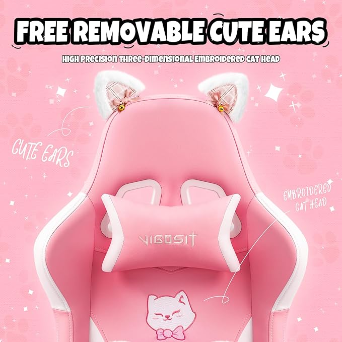 Gaming Chair Cute with Cat Ears Paw Lumbar and CushionErgonomic Computer Chair with FootrestReclining PC Game Chair for Girl Computer Chair 300lbs for Adult (White&ampPink)