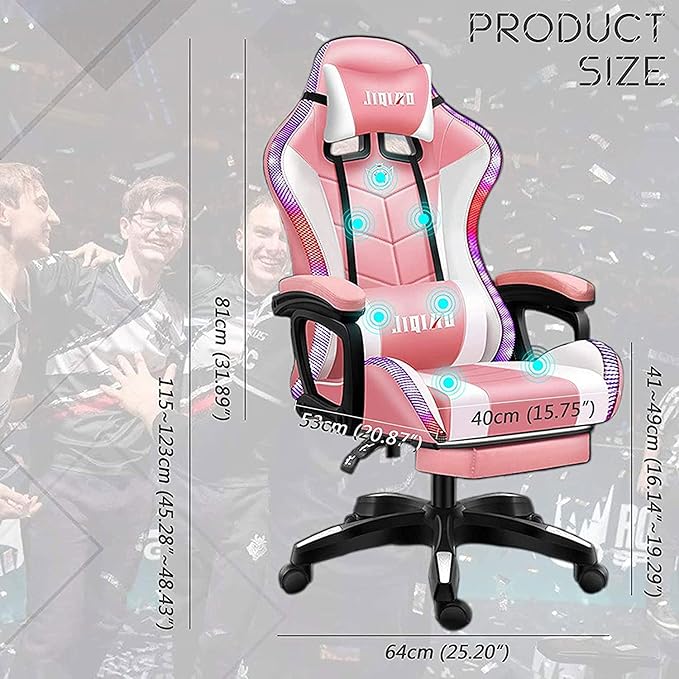 Gaming Chair with LED Light/Pro Gaming Chair with Bluetooth Speakers Full Massager Lumbar Support and Bluetooth Speaker Video Gaming Chairs LED Lights Load-Bearing 150KGPink