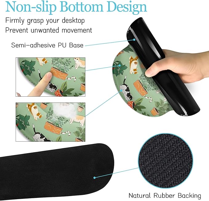 Cat Mouse Pad XXL Desk Mat Set Green Ergonomic Mouse Pad with Wrist Rest Large Gaming Mousepad Wrist Support Keyboard Mat Cup Coaster Set Cute Office Desk Decor Accessories