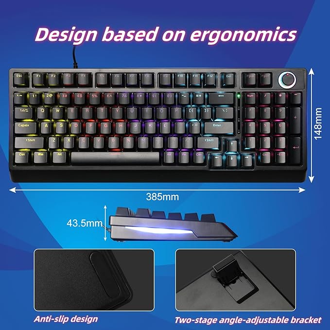 Mechanical Gaming Keyboard with Red Switches:98 Keys with Backlit Black Fine-tune audio or brightness using the dual-function knob17 Lighting ModesAnti-Ghosting Wired USB for PC Mac Gaming