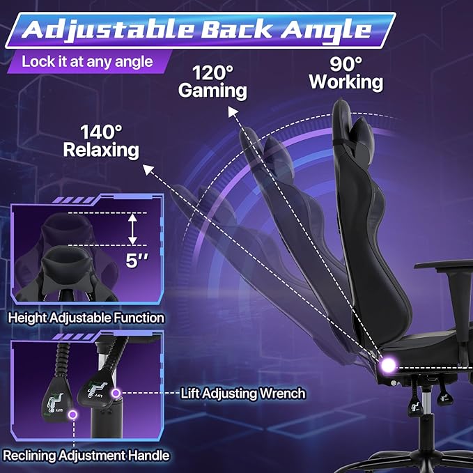 Gaming Chair for Adults - 250lbs Capacity Video Game Chair with Footrest &amp Lumbar Support Ergonomic 360° Swivel Height Adjustable Office Gamer Chair Heavy-Duty PU Leather (Grey)