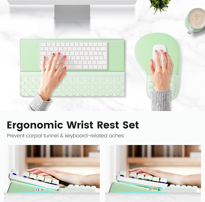 Ospelelf Ergonomic Mouse Pad and Keyboard Stand Wrist Rest Set Memory Foam Comfort Pain Relief for Typing Office Desk Accessories Green