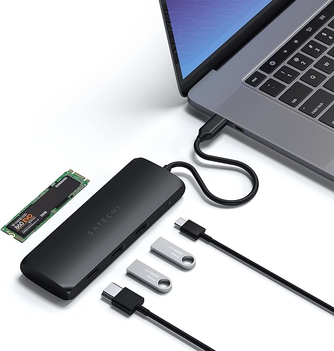 Satechi USB C Hub Multiport Adapter with M.2 SATA SSD Enclosure 4K HDMI 100W USB C PD Charging 2 USB-A Data Ports for MacBook &amp Windows - Black