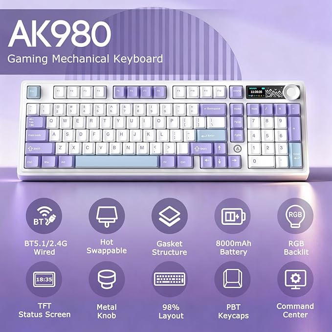 AK980 97Keys Tri-Mode Full Mechanical Keyboard Gasket-Mounted Hot-Swappable 1.14” TFT Smart Display Bluetooth 5.1/2.4G Wireless/Wired PBT Keycaps RGB Backlit (Purple Qingyun Tactile Switch)
