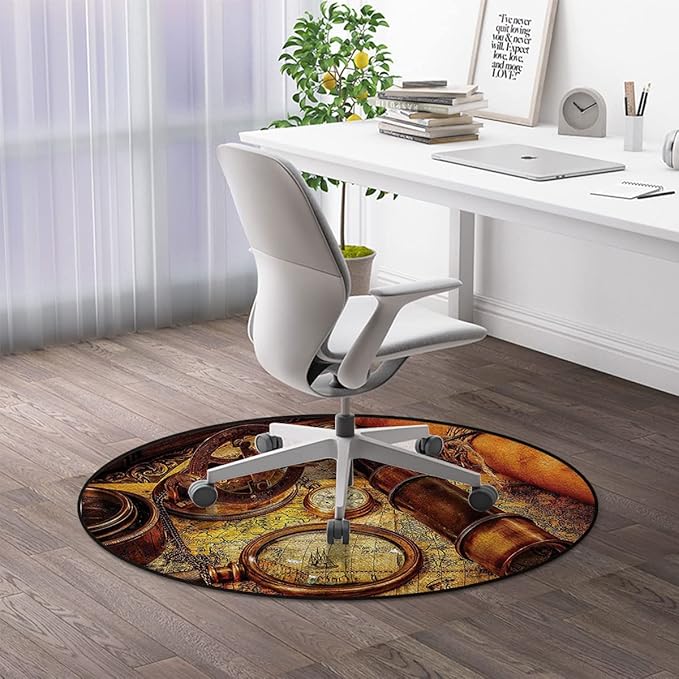 Nautical Office Home Chair Mat Gaming Computer Rolling Chair Mats Magnifying Glass Compass Telescope Old Map Round Chair Cushion Non-Slip Low-Pile Hardwood Floor Mats Antique Decor Diameter 36 in