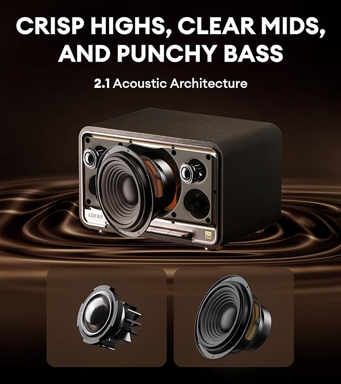 Edifier D32 Tabletop Wireless Speaker Hi-Res Audio LDAC ALAC 60W (RMS) 2.1 Acoustic Architecture 11h Playtime APP Control Bluetooth 5.3 AirPlay2 USB-C and AUX Inputs Black Walnut