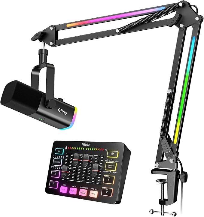 FIFINE USB/XLR Dynamic Microphone with Audio Mixer&ampRGB Boom Arm Kit Streaming Mic with Quick Mute PC Mixer with 48V Phantom Power RGB Metal Mic Arm with 3/8 to 5/8 Screw for Podcast-AM8+SC3+B