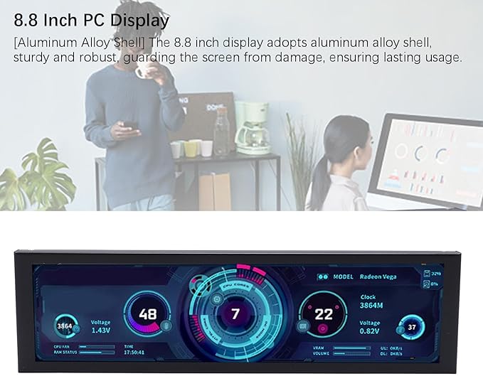 Bewinner 8.8 Inch PC Display Screen Aluminum Alloy Shell Auto Play Function Built in Decoding Chip HDMI Display 1920x480 for PC Laptop with Type C for Convenient Installation