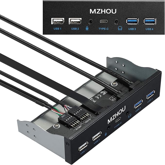 USB2.0 + 3.0 Metal Front 5.25 inch 19Pin Front Panel Adapter 4 USB 3.0 Port hubs and (1HD Audio Port / 1TPY-C Port / 1 Microphone Input)