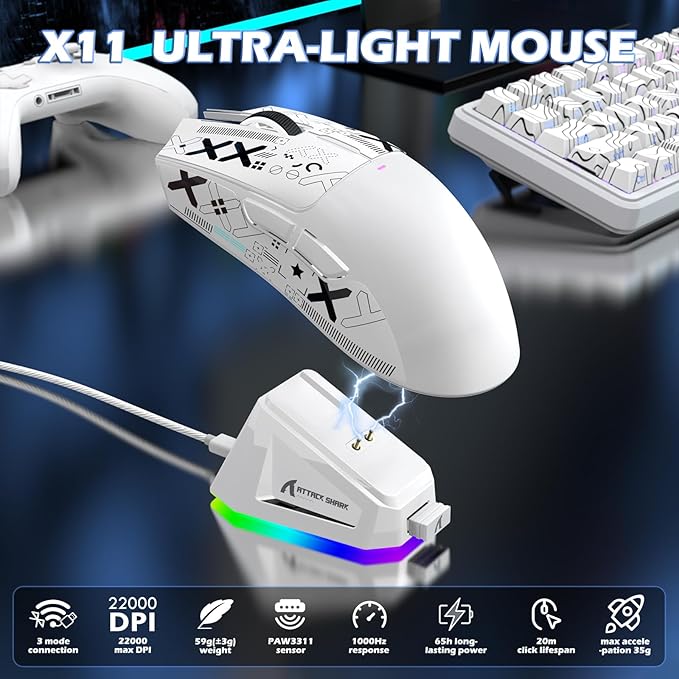 ATTACK SHARK X11 &amp X65 PRO HE Rapid Trigger Hall Effect Keyboard60% Magnetic Keyboard 8K Polling Rate RGB Hot SwapWireless Gaming Mice with Charging Dock 22K DPIBT/2.4Ghz/WiredCoiled Cable-Whi