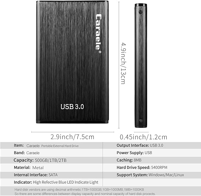 Portable SATA External Hard Drive HDD 2TB 1TB 500GB USB3.0 Ulra-Fast File Transfers for Windows Mac and Linux (2TB Black)