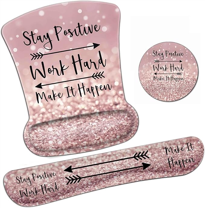 Ergonomic Mouse Pad Wrist Support Gel and Keyboard Wrist Rest Set Stay Positive Work Hard and Make It Happen Pink Glitter Design for Laptop Gaming and OfficeComfortable and Pain Relief + Coaster