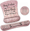 Ergonomic Mouse Pad Wrist Support Gel and Keyboard Wrist Rest Set Stay Positive Work Hard and Make It Happen Pink Glitter Design for Laptop Gaming and OfficeComfortable and Pain Relief + Coaster