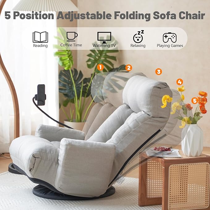 360° Swivel Gaming Floor Chair 5 Position Adjustable Folding Sofa Chair with Armrests &amp Phone Holder Cushion Padded Indoor Chaise Lounge for Adults Home Office Floor Leisure Chairs Grey