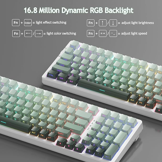 MageGee LIGHT100 Wireless Creamy Keyboard Gasket Structure Hot Swappable 2.4G/USB-C/BT5.0 RGB Backlit Mechanical Gaming Keyboard for Win/Mac/PC 8000mAh Battery Side Printed PBT Keycap Green