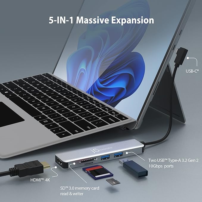 j5create USB-C 5-Port Gen2 Multi-Adapter with 4K HDMI 2 USB-A 10Gbps SD/microSD for Surface Pro 8/9 MacBook Air/Pro Dell XPS HP laptops and More (JCD372S)