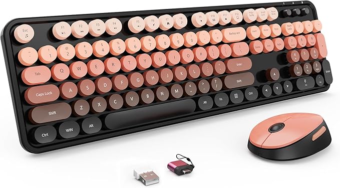 Wireless Keyboard and Mouse Combo Retro Typewriter Keyboard with Round Keycaps Full-Size Ergonomic Aurora Red Ideal for Windows PC Home Office and College