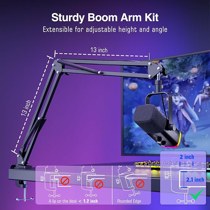 FIFINE XLR/USB Gaming Microphone Set Dynamic PC Mic for Streaming Podcasting Computer RGB Mic Kit with Boom Arm Stand Mute Button Headphones Jack for Recording Vocal Voice-Over-AmpliGame AM8T