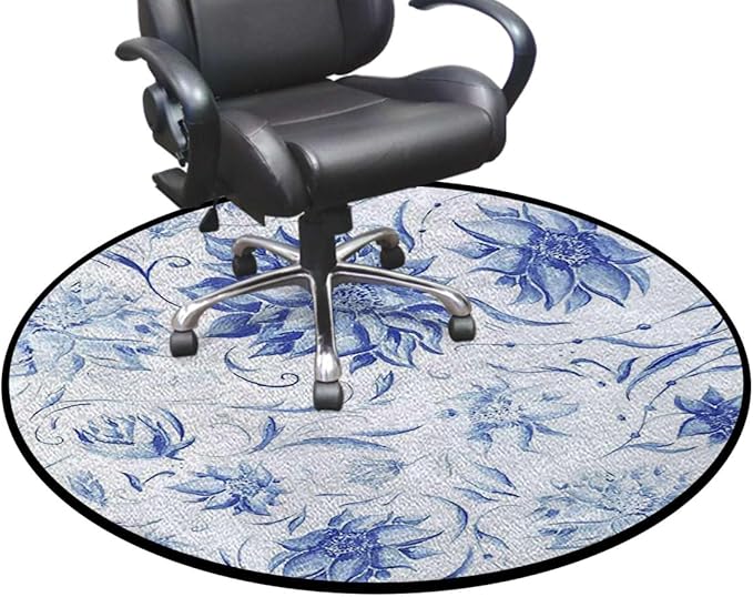 Blue and White Marble Round Area Rug Throw Rugs Soft Washable Small Round Floor Mats for Bedroom Living Room Buds with Leaves Flowers Diameter 59 in