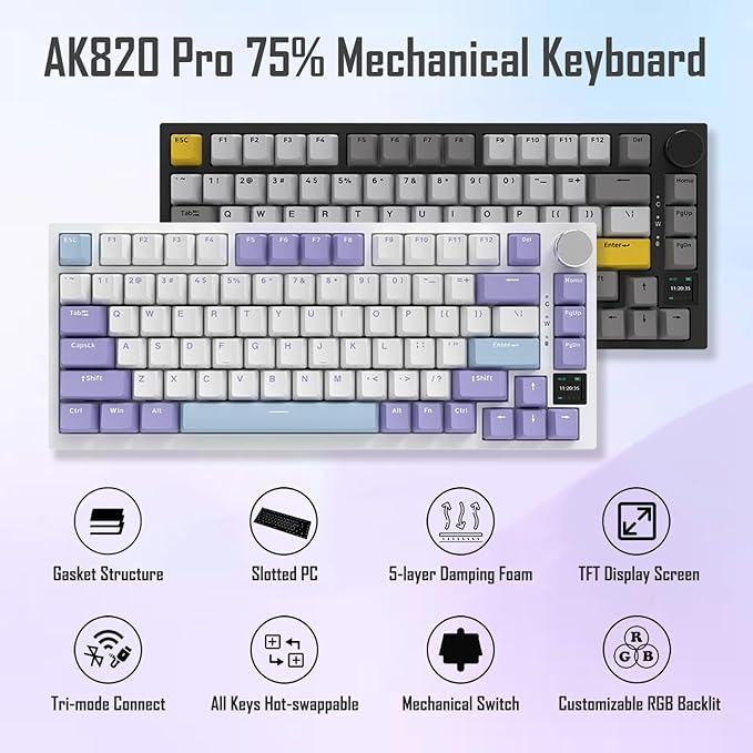 AJAZZ AK820 Pro 75% Gasket RGB Wireless Mechanical Keyboard with TFT Screen Volume knob Bluetooth/2.4G/Wired 3-Modes Compact 82 Hot-Swap Keys Tricolor PBT Keycap 4000 mAh (Purple&ampBlue 3-Modes
