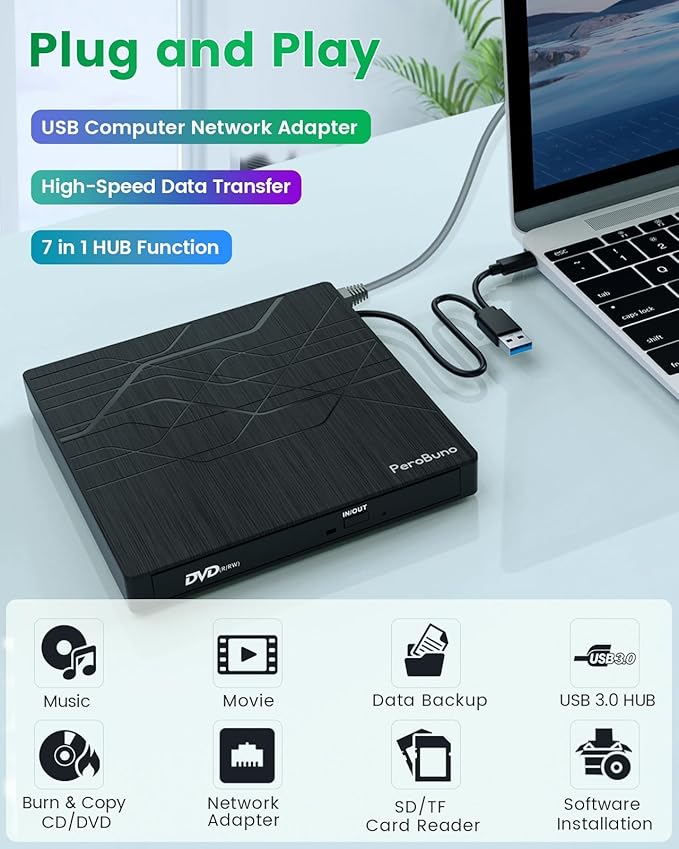 Super External CD DVD Drive USB 3.0 DVD Burner with Ethernet Adapter 3 USB and 2 TF/SD Card Ports CD DVD Player Reader Writer Optical Disk Drive for Laptop PC Mac Windows Linux with Carrying Case