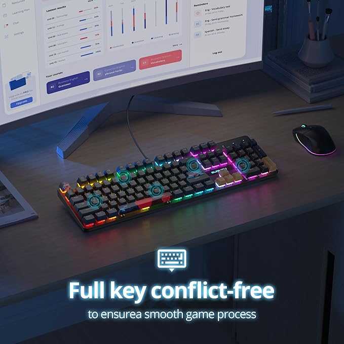 surmen Full Size Creamy Keyboard with Number Pad 104 Keys RGB Wired Mechanical Gaming Keyboard Backlit with PBT Keycaps Linear Red Switch for Laptop Desktop PC Gamers（104 Blue Samurai B）