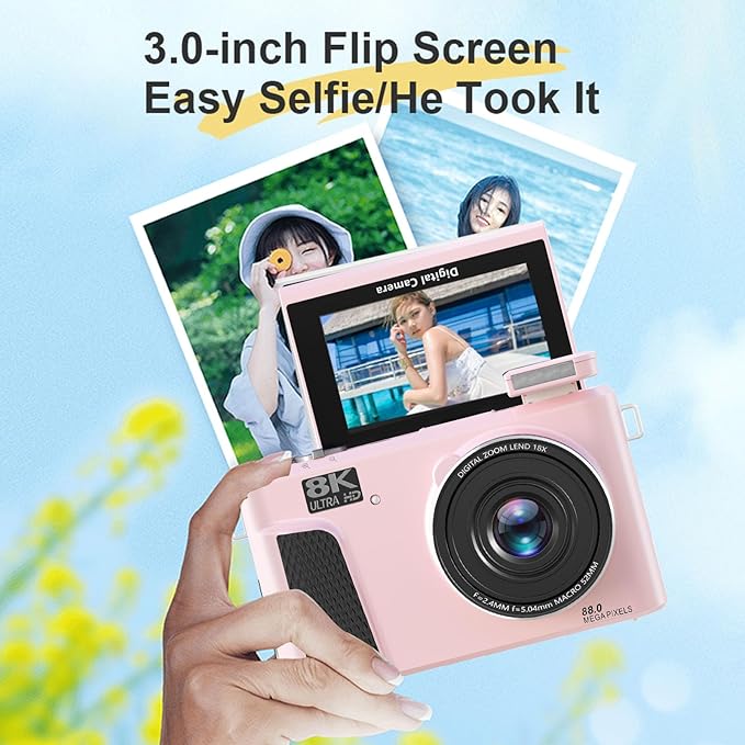 Zopsc 8K Digital Camera 88MP with WiFi 18X Zoom and 3in Flip Screen Autofocus Vlogging Camera with LED Fill Light Live Streaming Webcam for Travel (Pink)