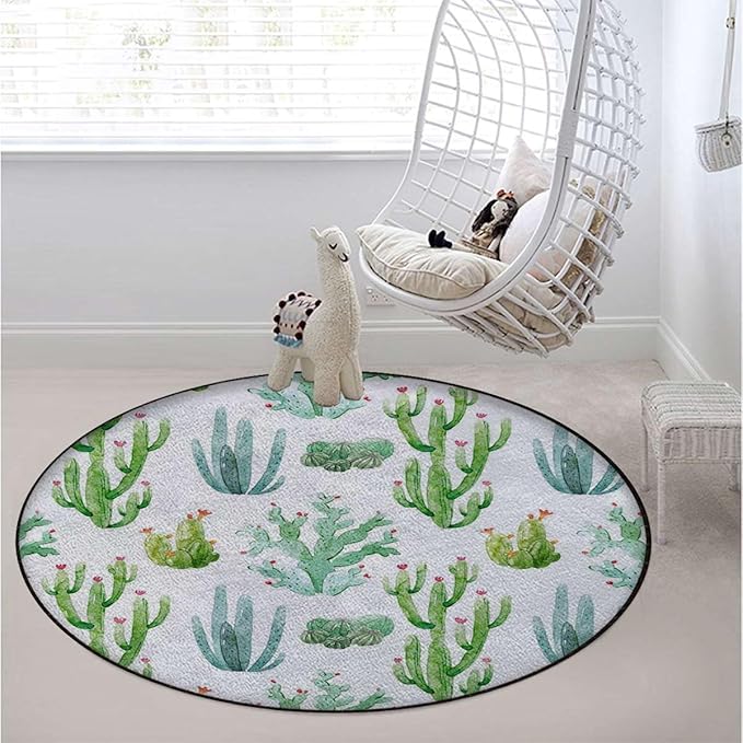 White Light Pink and Green Carpet Round Office Chair Mat for Hardwood Floor Multi-Purpose Soft Mats for Gaming Rolling Chair/Living Room/Study Plants Spikes Cartoon Art Diameter 47.2 in