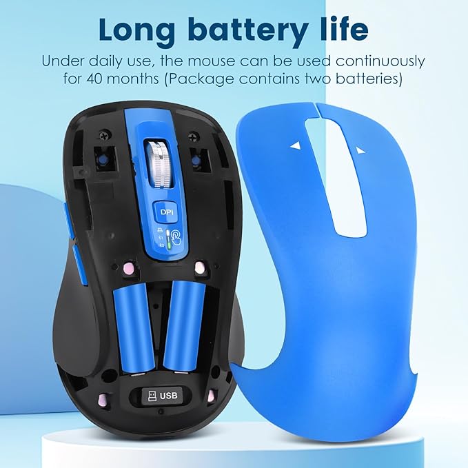 Wireless Bluetooth Mouse (USB + BT1 + BT2) Full Size 4-Way Scrolling Multi-Device Silent Mouse for Computer Laptop iPad MacBook (Blue)