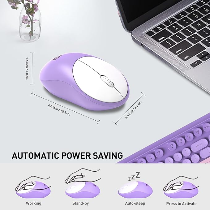 Wireless Keyboard and Mouse Combo 2.4 GHz Wireless Full-Sized Typewriter Keyboard with Round Keycaps for Windows Computer Desktop PC Laptop (Purple)