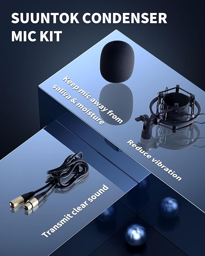 XLR Condenser Microphone Recording Microphone for PC Computer Home Studio Cardioid Podcast Mic Kit for Streaming ASMR YouTube Voice-Over Gaming Vocal (Black)