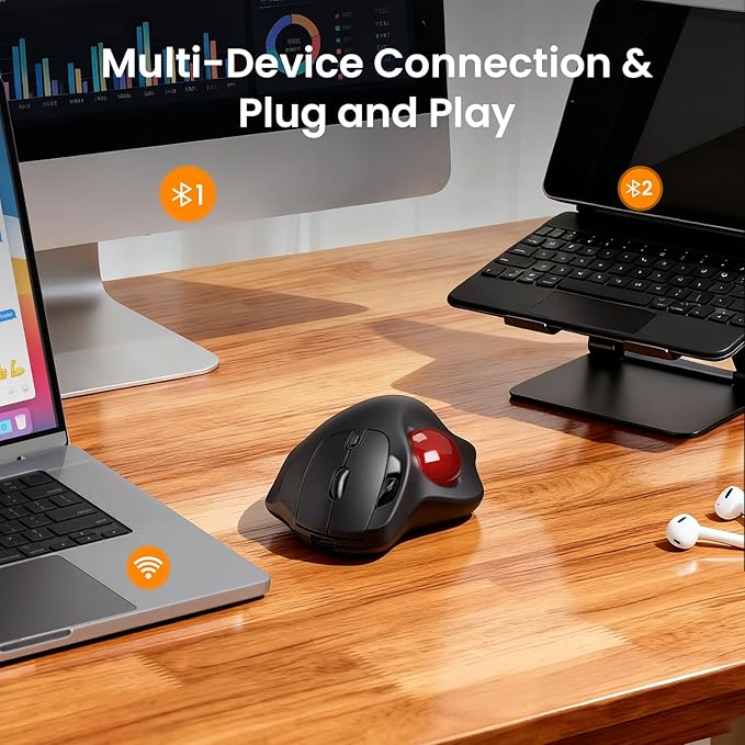 SABLUTE MAM2 Wireless Trackball Mouse Rechargeable Ergonomic Mouse with Thumb Control for 3 Devices (Bluetooth and USB) 5-Level DPI Silent Click Compatible PC Laptop Mac iPad Easy Clean