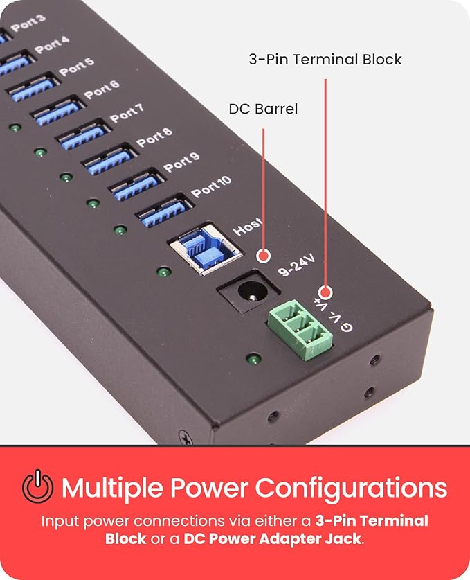 Gearmo USB 3.2 Gen 1 10 Port Industrial Metal Hub w/15KV ESD Protection