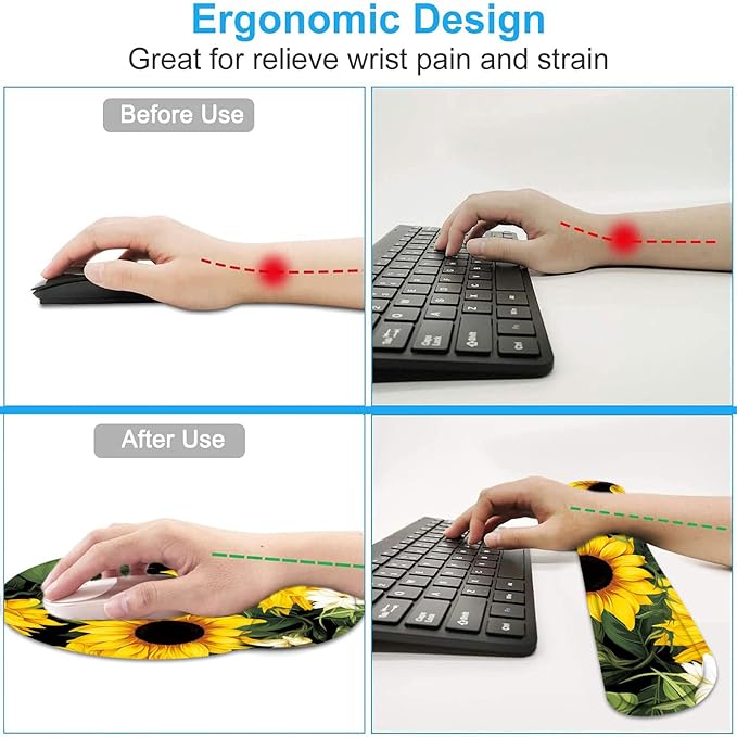 Keyboard Wrist Rest and Mouse Wrist Rest Pad with Cup CoasterMade of Memory FoamErgonomic SupportEasy-Typing and Pain Relieffor Gaming Office Home ComputerNice Sunflowers Floral