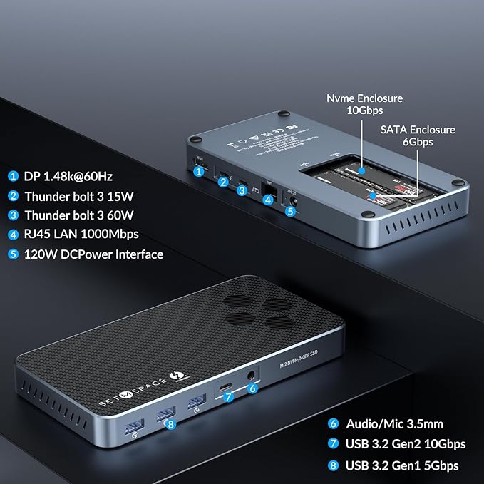 10 in 1 Docking Station with Thunderbolt 3 Port 2X USB 3.1 Gen1 2X USB 3.1 Gen2 PD 60W 8K@60Hz DP 3.5 Audio/Mic Ethernet 120W DC in NVMe and SATA M.2 SSD Enclosure