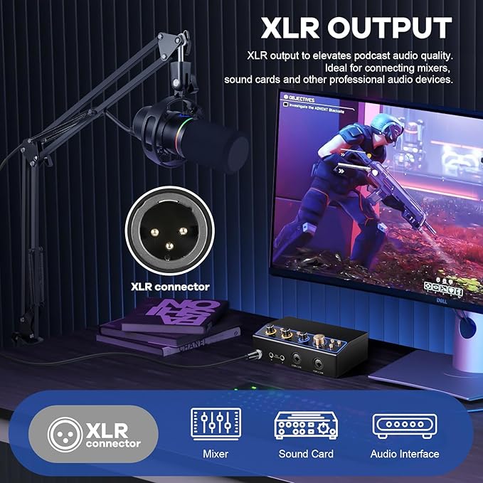 XLR USB Dynamic Microphone with RGB Light Volume Control Mute Button 3.5mm Headphone Jack. Compatible with Mixers Sound Cards PC MAC PS4 PS5 (Microphone with Boom Arm)