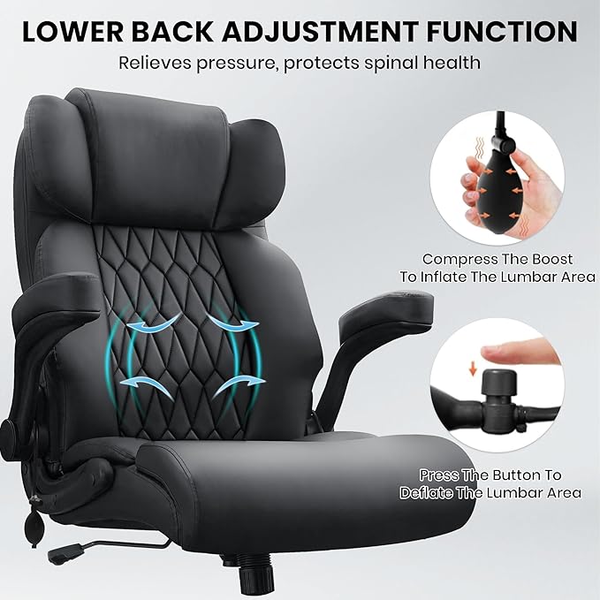 500lbs Big and Tall Office Chair Adjustable Lumbar Support for Back Pain Extra Wide Seat Executive Office Chair Thick Armrest Pad Heavy Duty Base&ampUpgraded Wheels Ergonomic Comfy Computer Desk C