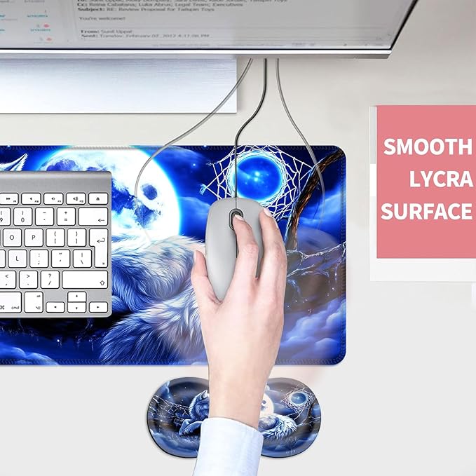 Mouse PadLarge Desk Mat Set 4in1 XL Mousepad + Keyboard Wrist Rest+Mouse Wrist Rest+Coaster with Ergonomic Desk Pad for Home Office Table Computer Cover -Wolf Moon Dreamcatcher