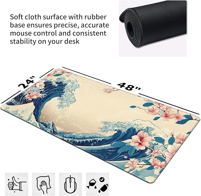 Japanese Sea Wave Extended Large Mouse Pad for Desk 48x24 Big Gaming Mouse Pads with Stitched Edges Non-Slip Rubber Base Computer Desk Mat Mouse Mat for Home Office Work