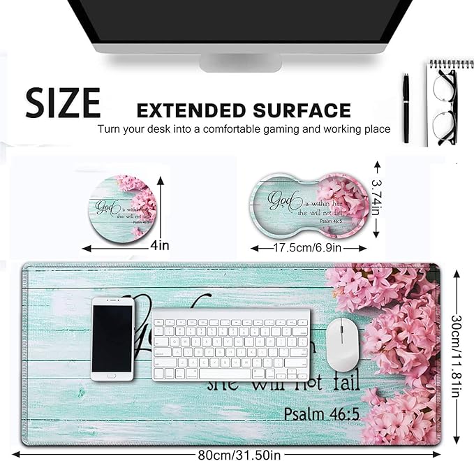 Large Mouse Pad Extended Office Desk Pad 31.5x11.8in Ergonomic Memory Foam Mouse Wrist Rest Support for Home Office Computer Writing Pad Cute Psalm 46：5 Pink Hyacinth Pattern XXL Gaming Mouse Mat