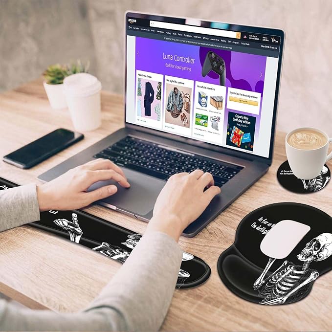 Ergonomic Gel Mouse Wrist Rest Pad and Keyboard Pad SetAnti-Slip PU Bottom Easy Typing and Relieve Wrist Pain with Cute Coaster Set (3-Black Background Skull Skeleton)