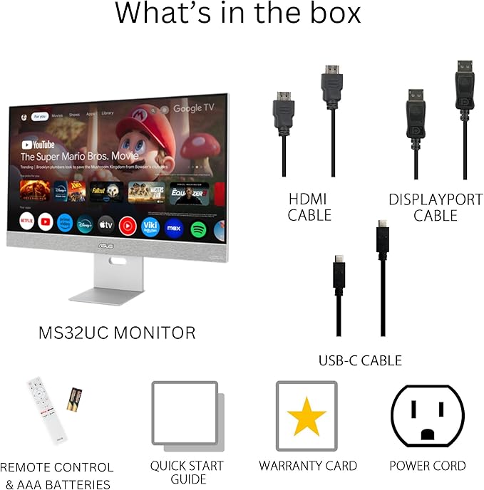 ASUS ZenScreen 31.5” 4K USB-C Smart Monitor (MS32UC) - UHD (3840 x 2160) IPS 98% DCI-P3 GoogleTV Harman Kardon Speakers USB-C (90W PD) Wireless Display Netflix and YouTube 3 yr Warranty