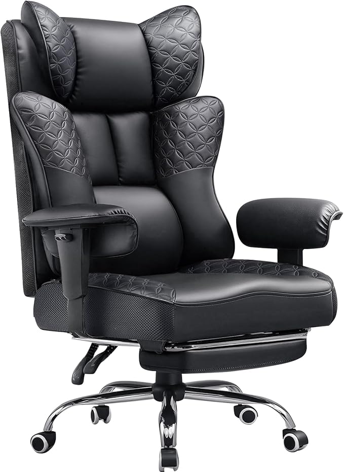 GTPLAYER Big and Tall Office Chair 400LBS Wide Ergonomic Gaming Chair with Deluxe Embossing Designed Leather with Foot Rest150°Reclining Adjustable Soft Armrests Pocket Spring Back Support and Pillow