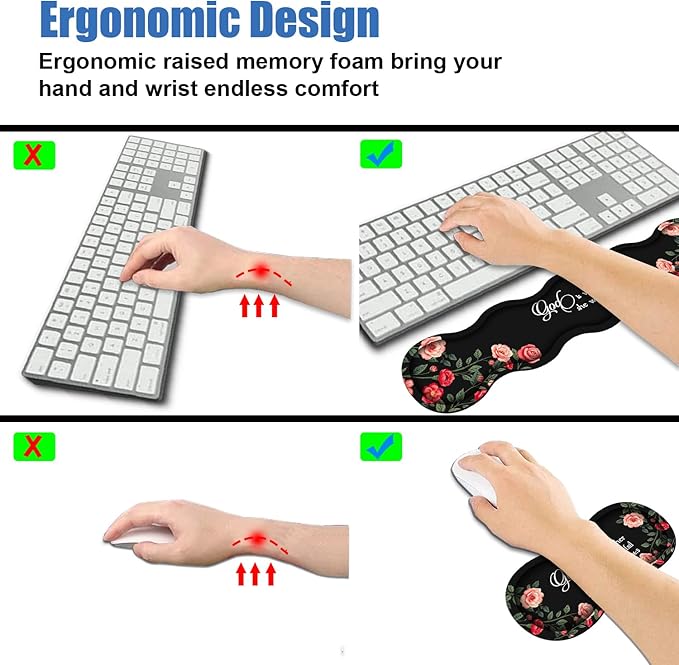 4 in 1 Ergonomic Memory Foam Mouse Pad Wrist Rest Set Large XXL Gaming Desk Pad + Keyboard Wrist Rest + Mouse Wrist Cushion + Coaster for Home Office Study Gaming Floral Quote Bible Verse Psalm 46:5