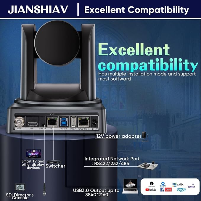 1080P SDI PTZ Camera AI Auto-Tracking 10/20x Optical Zoom (NDI|HX3) LAN USB3.0 HDMI PTZ Camera for Church Services Worship Education (JS510USH NDI)